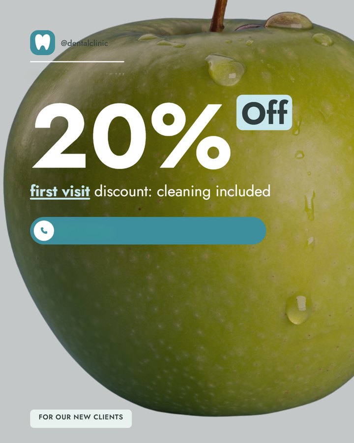 Dental clinic first-visit discount promo, sample carousel slide made with the generator