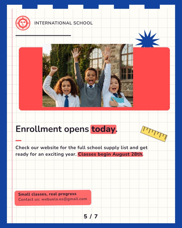 International school enrollment announcement, sample carousel slide made with the generator